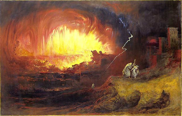 Lot and daughters flee destruction of Sodom